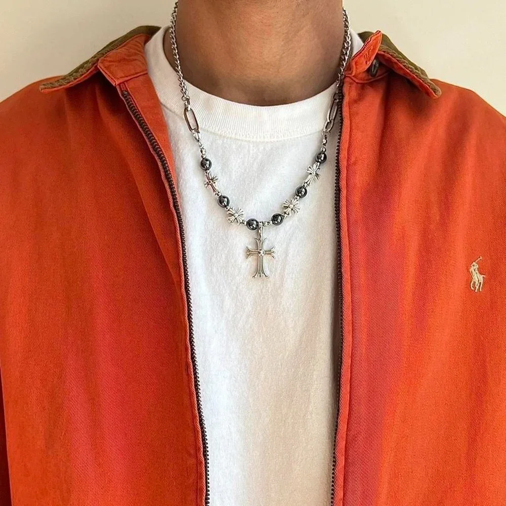 Pearl silver cross pendant necklace.  y2k grunge chrome.  Men/Women